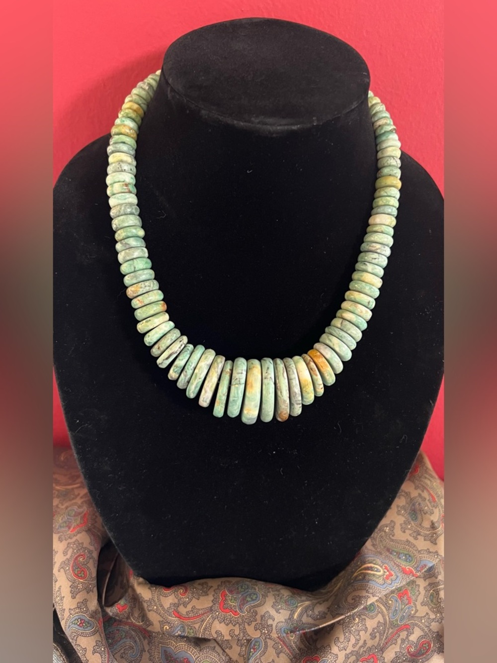 VTG Mayan Style Guatemalan Jade Heishi Bead Necklace Large Disc Heavy 214g-18.5”